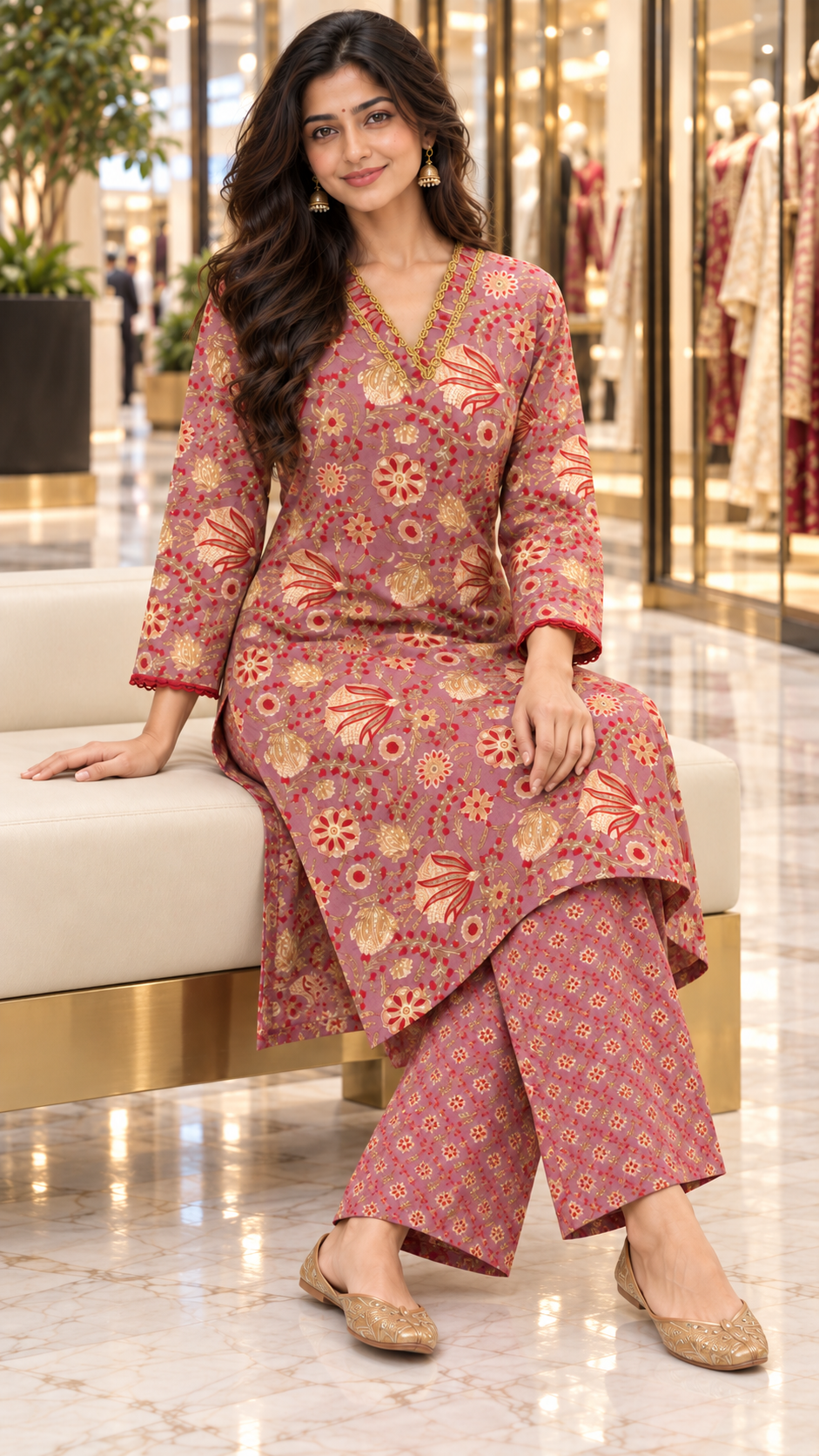 Dusty Rose Floral Kurta & Palazzo Set | Gulbahar