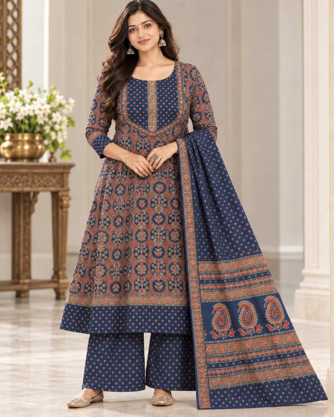 Navy Floral Kurta Palazzo Set with Dupatta | Neelara