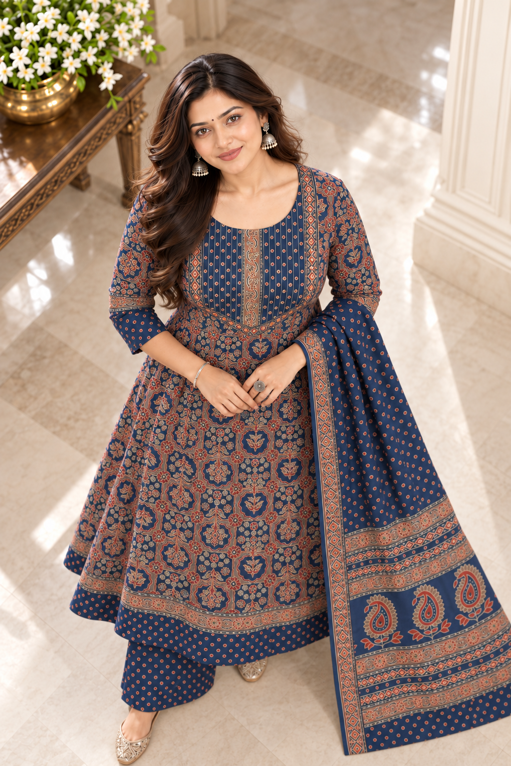 Navy Floral Kurta Palazzo Set with Dupatta | Neelara