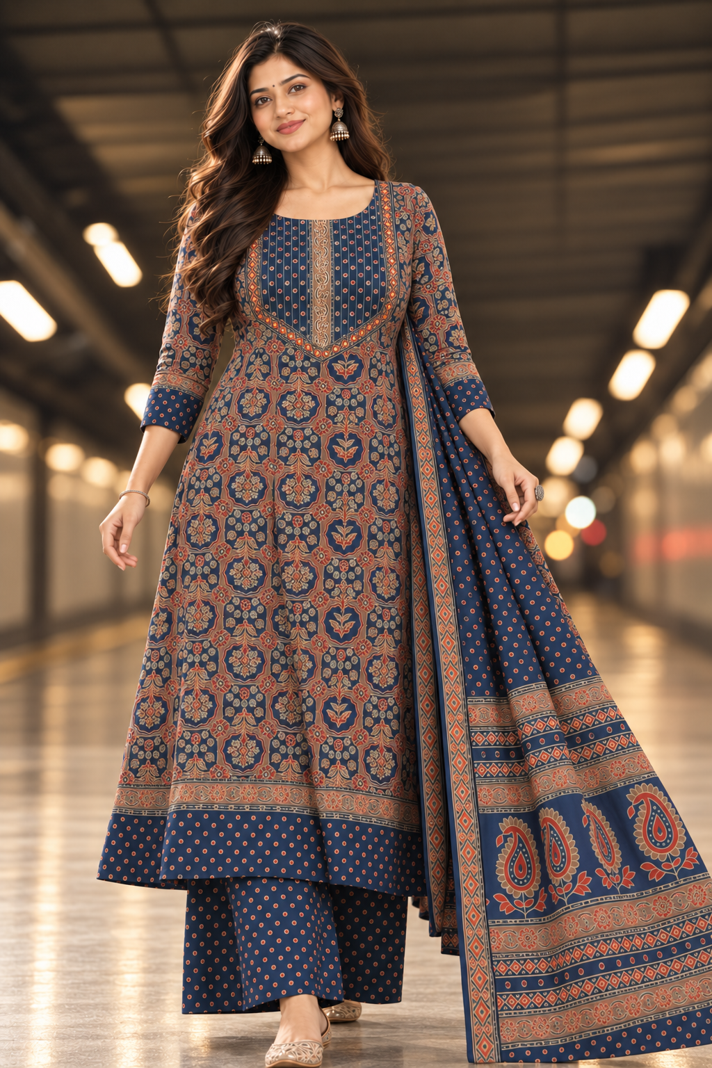 Navy Floral Kurta Palazzo Set with Dupatta | Neelara