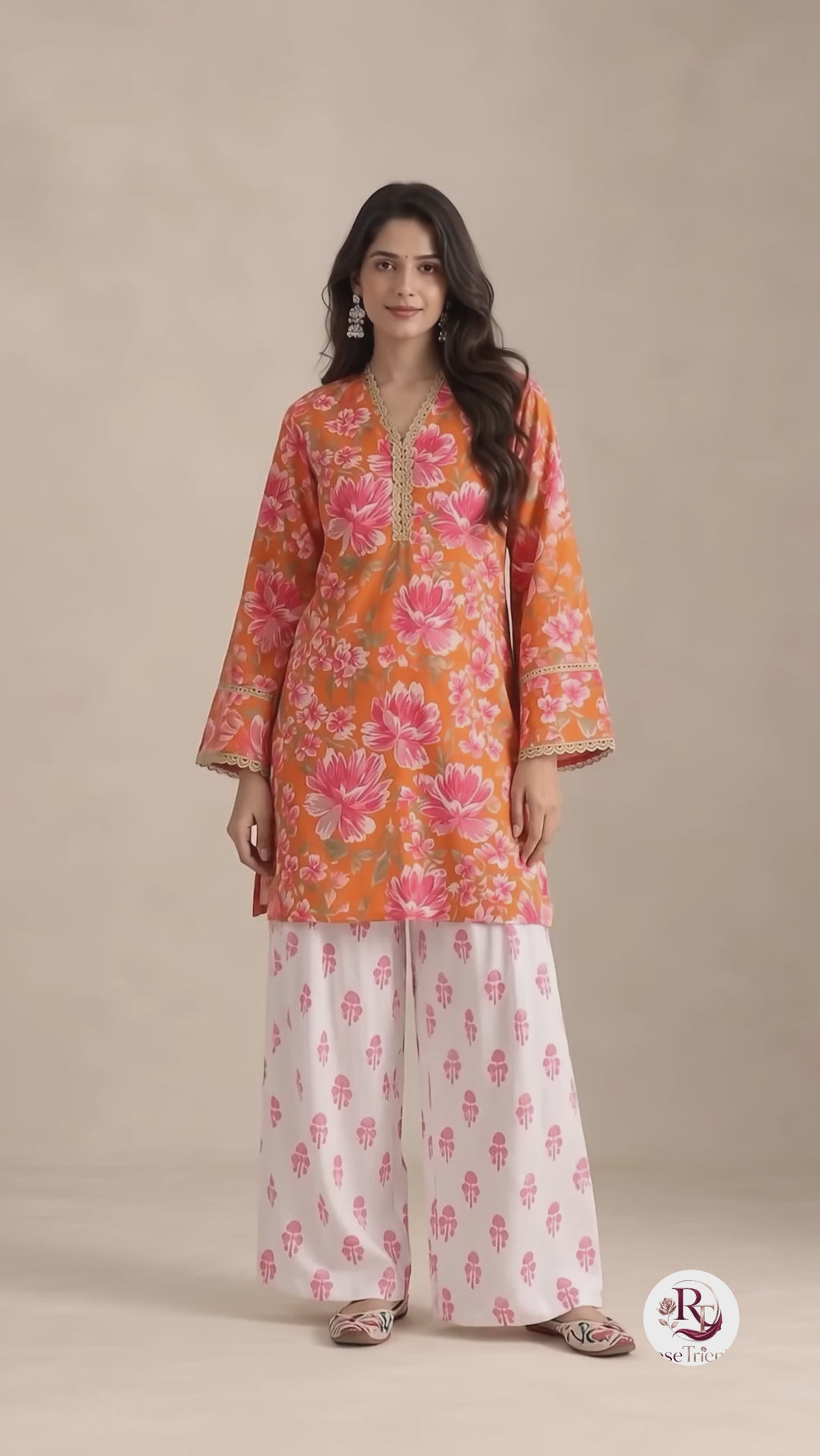 Tangerine Bloom Orange Floral Kurta & White Palazzo Set
