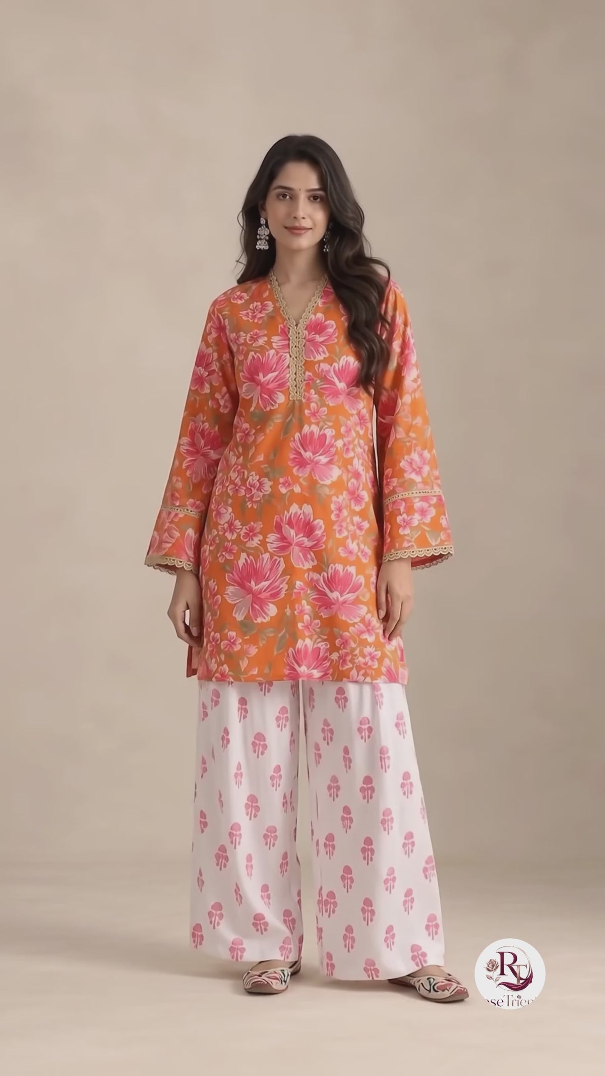 Tangerine Bloom Orange Floral Kurta & White Palazzo Set