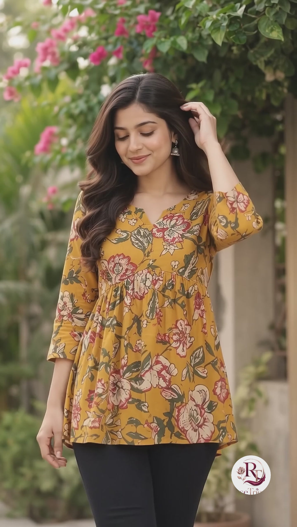 Mustard Floral Cotton Peplum Top with Three-Quarter Sleeves