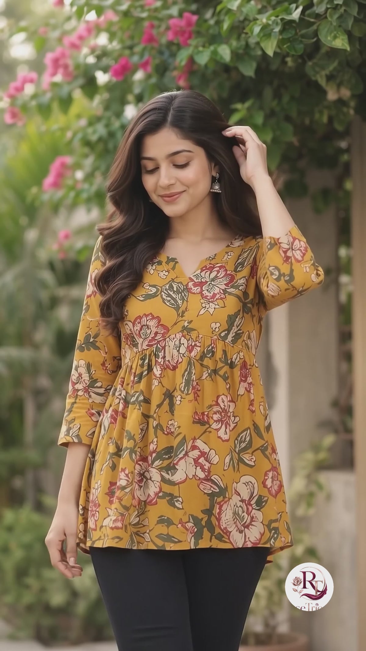 Mustard Floral Cotton Peplum Top with Three-Quarter Sleeves