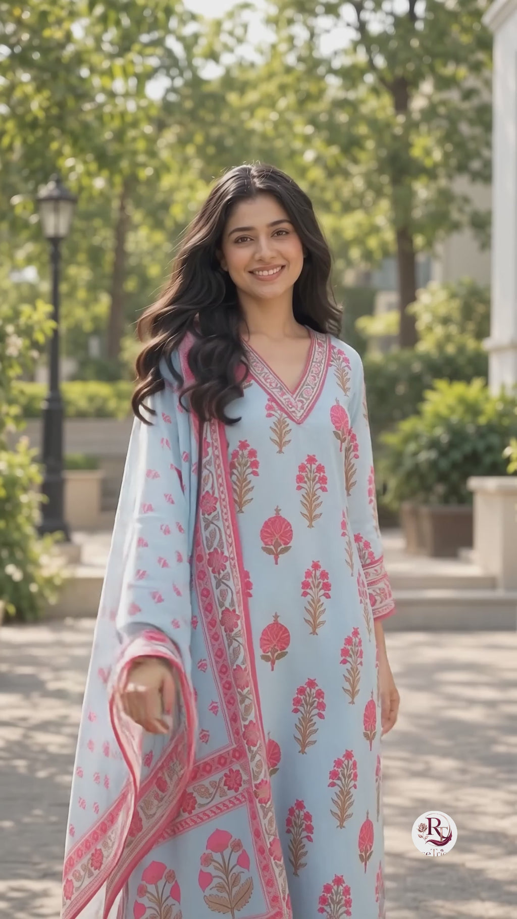 Gulbahar Sky Blue & Pink Floral Kurta Set with Dupatta