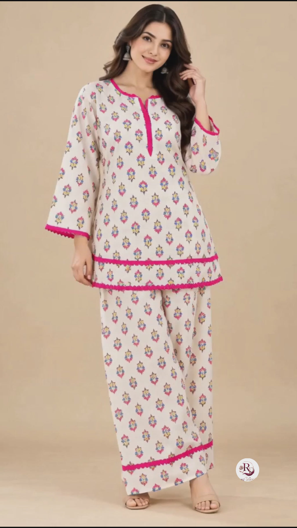 Ivory Floral Print Kurti & Palazzo Co-ord Set with Pink Lace