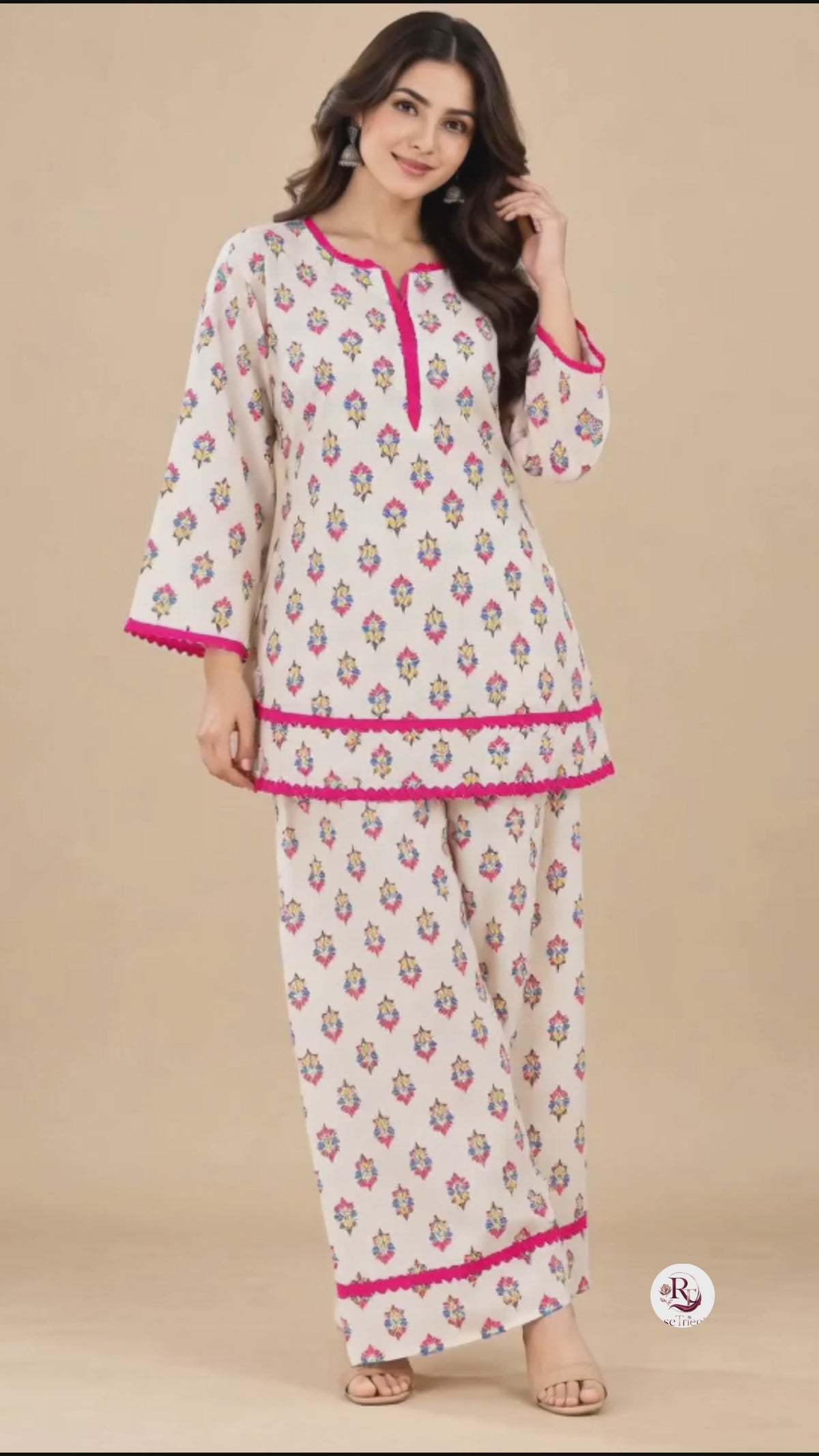 Ivory Floral Print Kurti & Palazzo Co-ord Set with Pink Lace