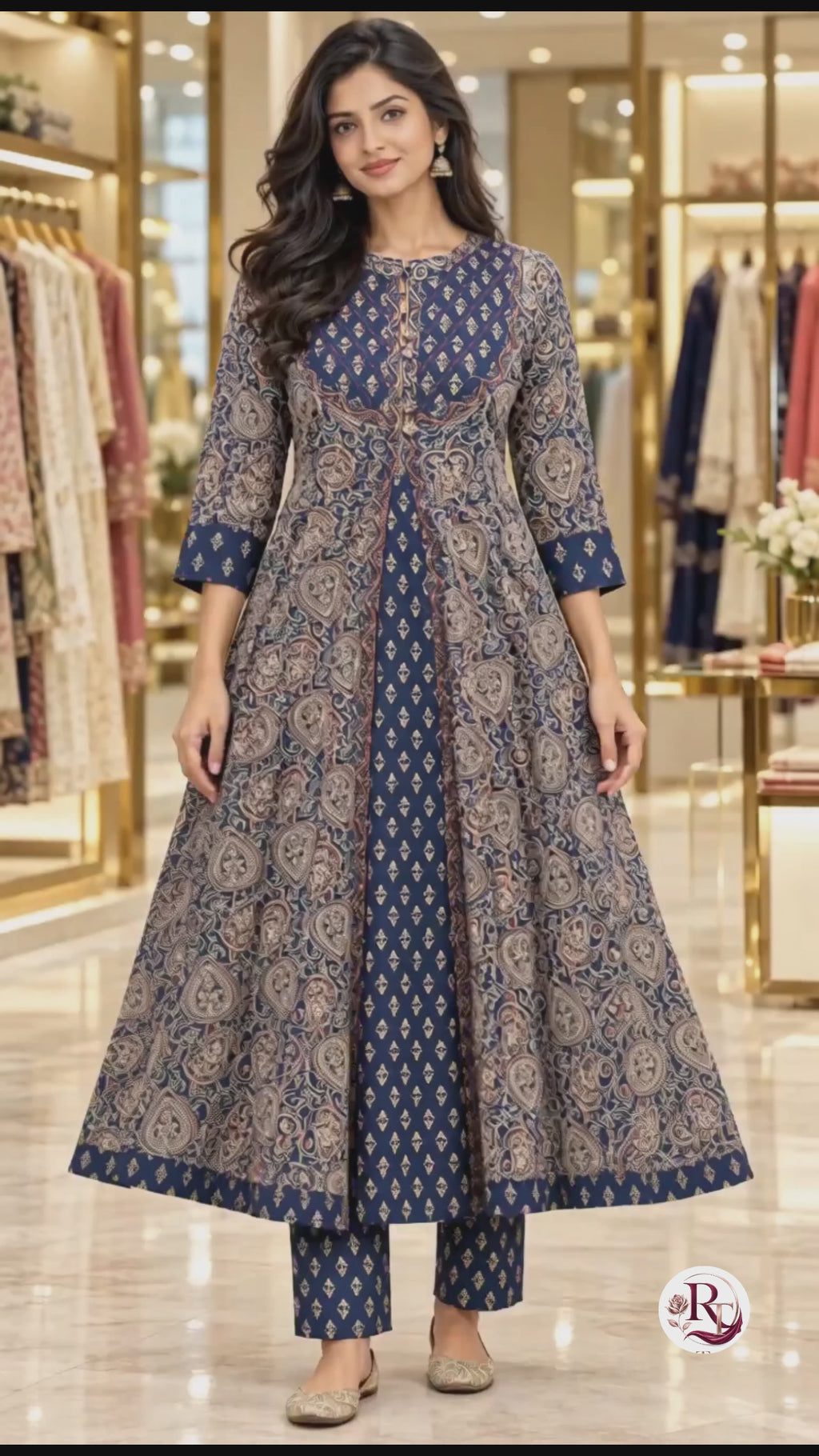 Forest Green & Navy Blue Kalamkari-Inspired Cotton Flared Kurta Set